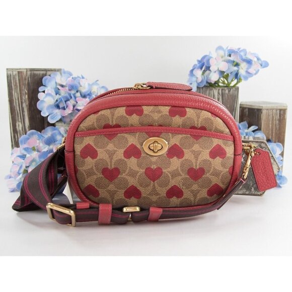 Coach Red LeatherKhaki Signature PVC Camera Guitar Strap Crossbody Bag NWT C8390 - Picture 1 of 8